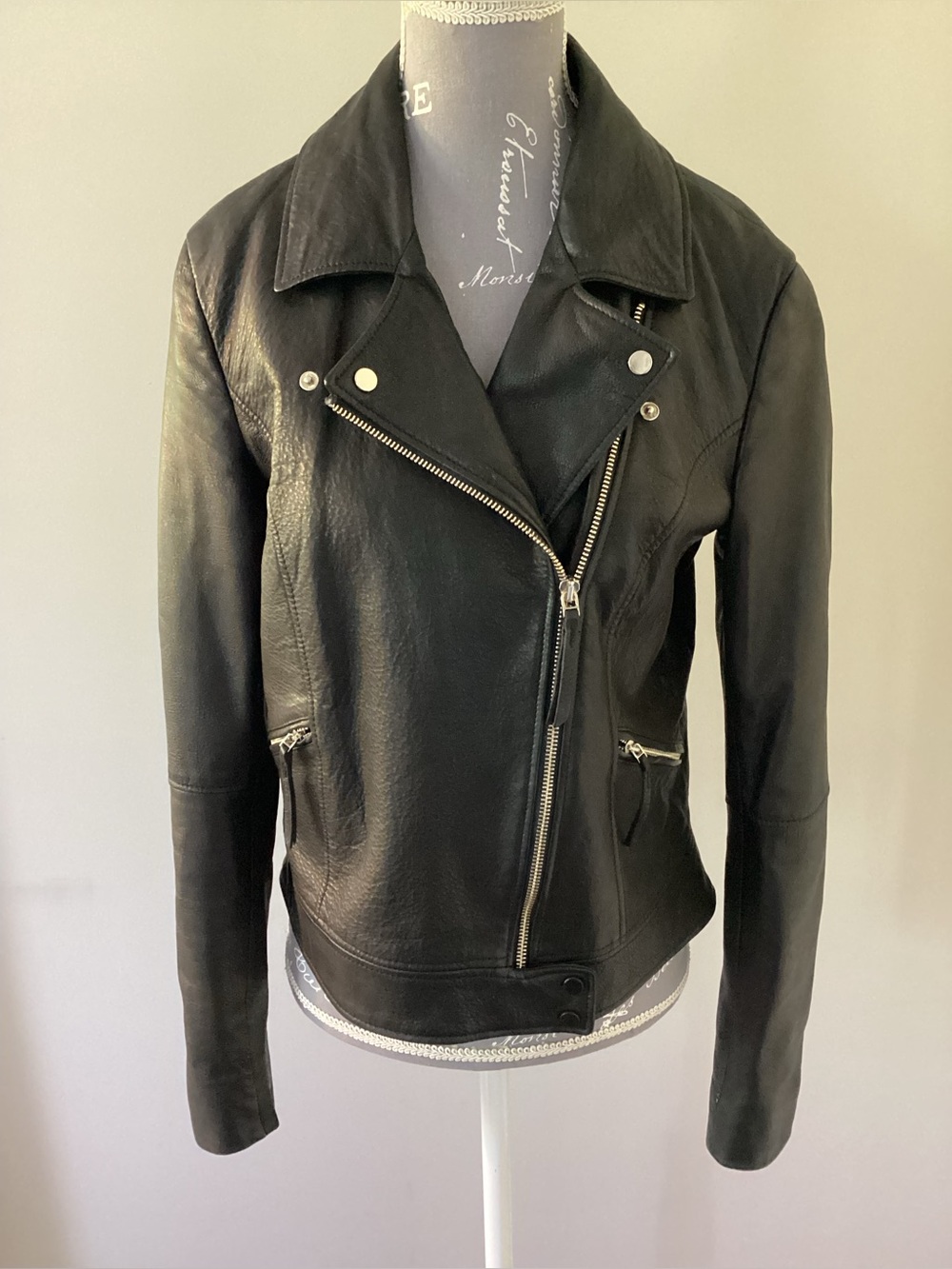 Massimo Dutti Black Leather Asymmetrical Moto Jacket
